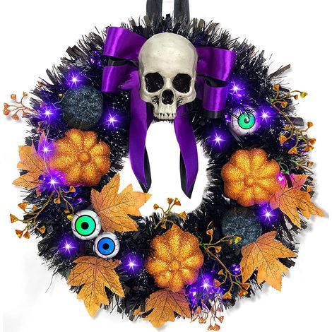 Corona de Halloween y Navidad, corona redonda con forma de esqueleto de calabaza con hojas de arce negras y guirnaldas luminosas – B (1/5)