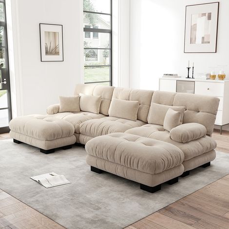 Canapé nuage extra-large en forme de U, canapé-lit convertible avec repose-pieds, chenille- Beige