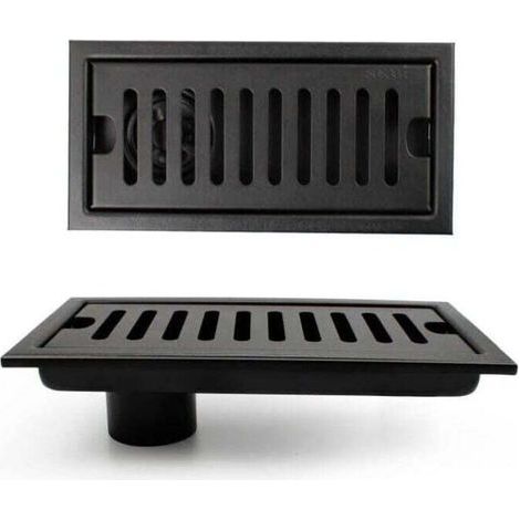 Siphon de sol rectangulaire avec piège à odeurs, siphon de douche 20 × 10 cm avec clapet anti-retour, siphon de sol vertical noir avec grille en acier inoxydable, convient pour toilettes, cuisine, (1/5)