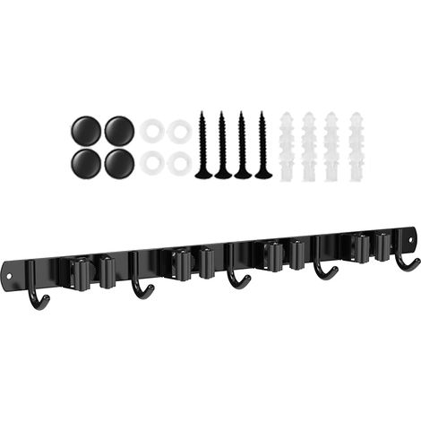 Accroche Balai Mural, 5 Supports + 4 Crochets Noir Porte Balais Mural, Support Balais Mural, Porte Balais Mural Sans Percage, Rangement Balai, Attache Balai Mural