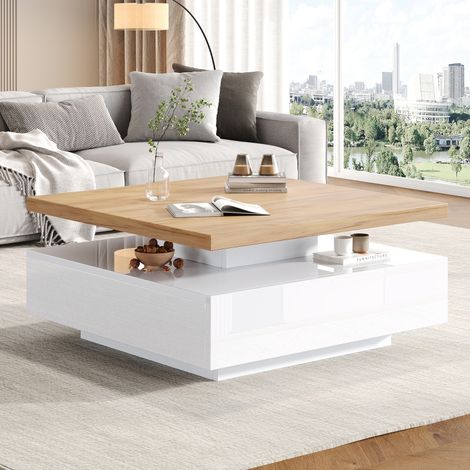 Table basse carrée dotée d'un plateau rotatif à 360° à deux niveaux et de compartiments de rangement finition noyer et blanc (1/5)