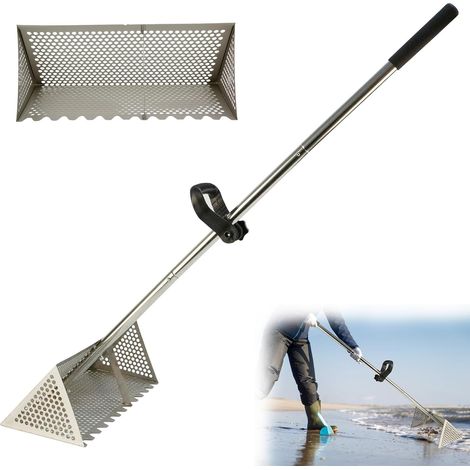 Beach Rake Sand Flea Rake Stainless Steel With large trapezoidal basket, beach rake, removable sand rake with long handle, sharp teeth (1/5)