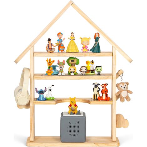 Toniebox Regal aus Holz, Magnetische Aufbewahrung für 30-40 Tonie Figuren, Verstärkte Magnetleisten, Seitenhaken, Freistehende Regale, Kinderregal für Mädchen & Jungen, Hausförmiger