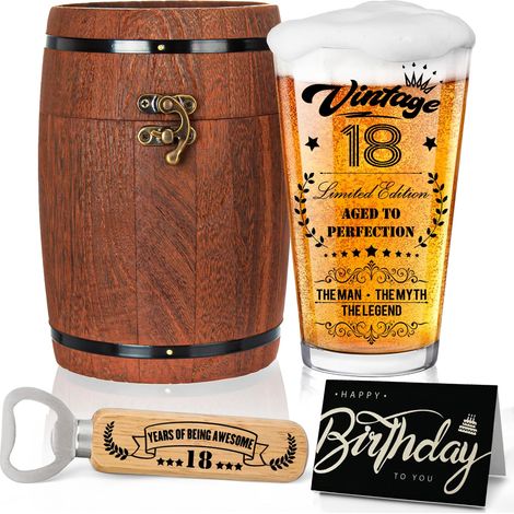 Cadeau pour 18e anniversaire garçon, cadeau pour homme, verre à bière personnalisé avec gravure, verre à bière 2008 dans une boîte à fût, 470 ml, décoration pour 18e anniversaire avec carte (1/5)