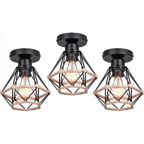 U-Do 3Pcs Plafonnier en en Corde de Chanvre en Métal E27 40W Lampe de Plafonde Luminaire Créatif Industriel (1/4)