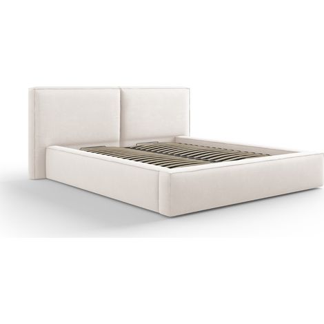 Lit coffre + 2x tête de lit 160x200 tissu structurel beige clair (1/4)