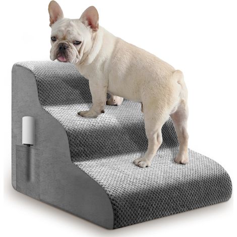 Échelle pour animaux 3 marches 40 cm, mousse 30D, surface imperméable antidérapante, pour petits chiens, chiens grands et chats âgés, aide‑montée pour lit et canapé, couleur grise (1/5)