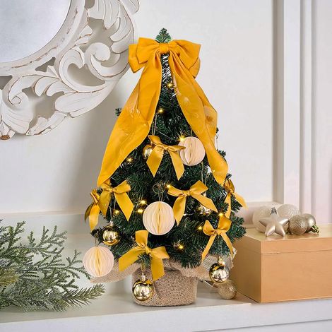 Petit arbre de Noël avec lumières LED, ruban, boule décorative pour décoration de Noël à la maison, au bureau Doré 60 cm (1/5)