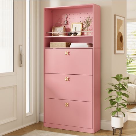 Schuhschrank 80/24/178,5 cm in Rosa mit 3 Klappen und Lochwand (1/5)