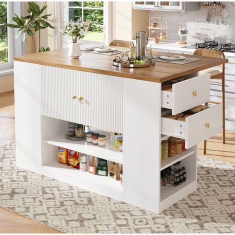 MEUBLIV Isla de cocina 140x70x90 cm blanca con tablero abatible y almacenaje integrado (1/5)