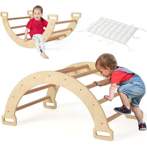 GOPLUS 2 en 1 Arche à Bascule en Bois pour Enfants, Arche d'escalade avec Coussin Souple, Charge 50KG, pour 1 an+, Naturel (1/5)