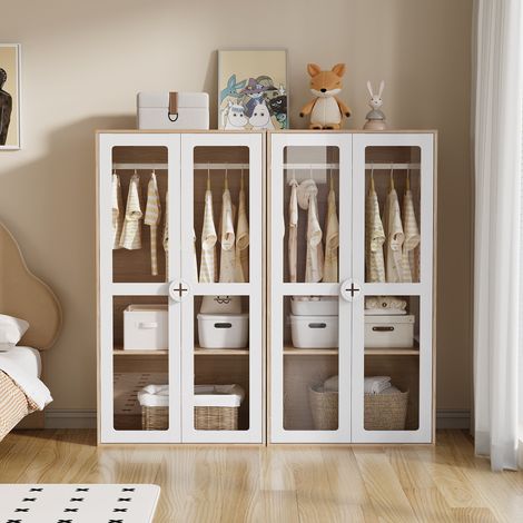Armoire double portes pour enfant, placard à façade acrylique avec tringle, ensemble de 2 meubles de rangement, blanc et bois naturel, panneaux laqués et aggloméré, 160x50x150 cm