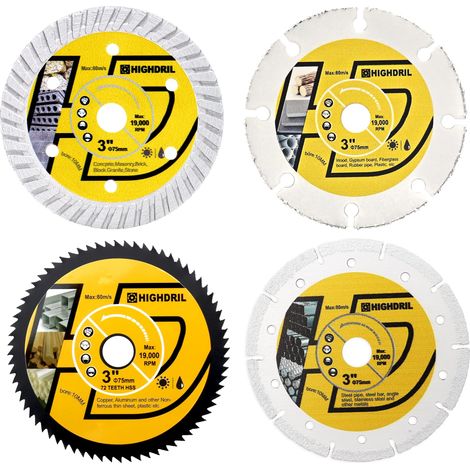 HIGHDRIL Disque à Tronçonner Diamant 75mm x Alésage 10mm - 4Pcs Béton/Bois/Acier Disque pour Béton Maçonnerie Bois Plastique Métal Découpe (1/4)