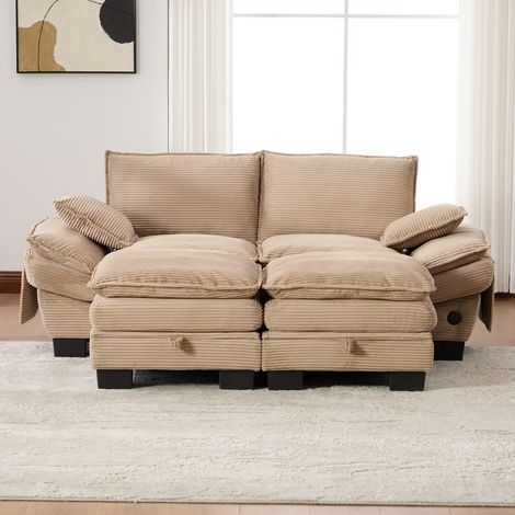 2-Sitzer-Sofa (190x132x84 cm), mit Hocker, ergonomische Sitzfläche, USB-C Anschluss, Corduroy, khaki (1/5)