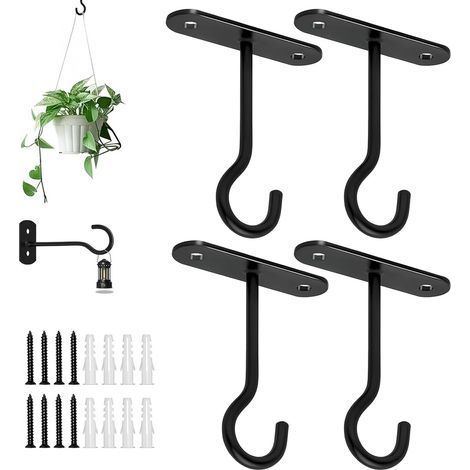 Lot de 4 Crochets Muraux pour Plantes Suspendues 10 cm Supports en Fer Noir pour Pots de Fleurs, Lanternes, Mangeoires à Oiseaux Intérieur/Extérieur (1/5)