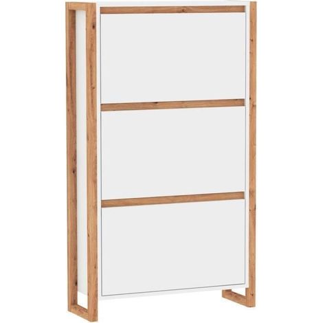 Meuble a chaussures - Blanc et chene - 12 paires - L70 x P25 x H125 cm - DENVER (1/5)