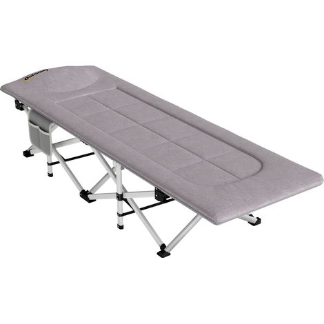 Lit de camp pliable gris 185x65x37cm avec matelas intégré, transat chaise longue et sac de rangement