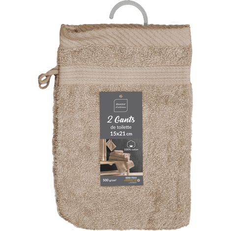 2 gants de toilette 15 x 21 cm eponge unie tendresse Taupe (1/5)