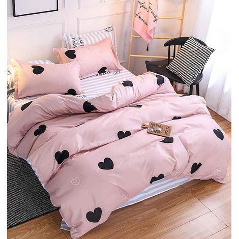 1 Parure De Lit 3 Pièces Housse De Couette 200x200 Cm Microfibre Rose Coeur Réversible Avec 2 Taies D'oreiller 65x65 Cm Pour Adulte