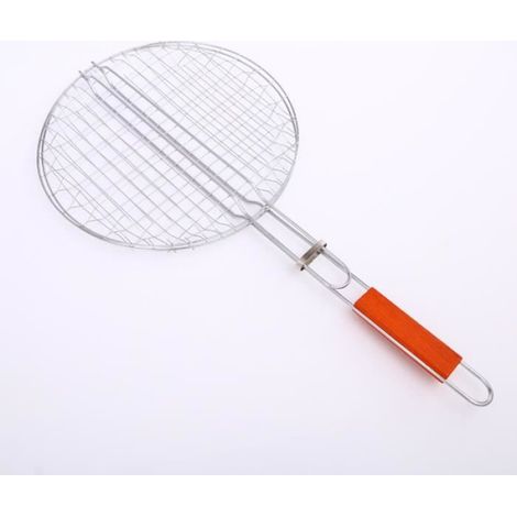 1 Grille barbecue, double manche bois, diamètre 31cm, métal, couleur orange, extérieur (1/4)