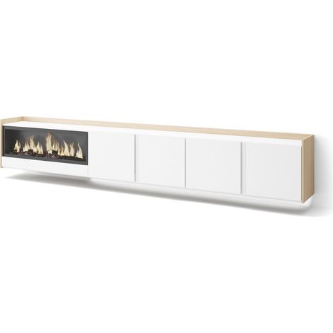 Skraut Home - Meuble TV, Banc Télé, Grand espace de Rangement, 315x35x50cm, Pour les TV jusqu'à 80", Cheminée électrique XXL, Suspendu, Mural, LED, Style moderne, Blanc et Chêne Soft (1/5)