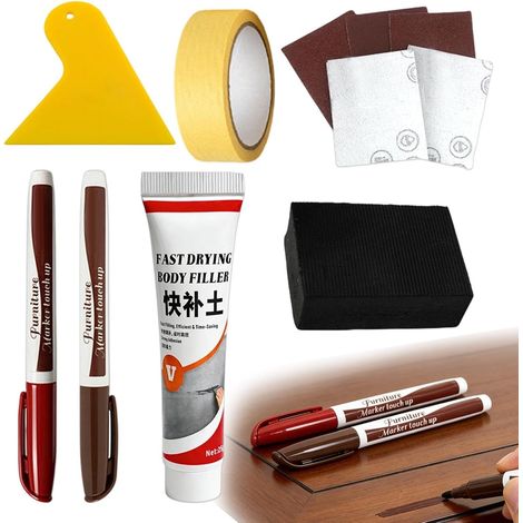 Marqueur de réparation de rayures, stylo à bois, pâte de remplissage de grain, kit de restauration extérieure pour porte, table, sol, planche de cuisine, plinthe, comptoir, réparation intérieure et (1/5)