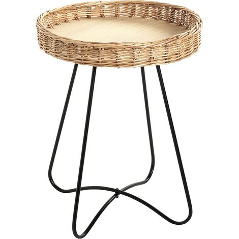 Table d'appoint en Osier tressé Naturel, piètement en métal Noir et Bois lamellé-collé, Table de Salon - Dimensions : H 51 x Ø 41 cm Style : bohème (1/4)