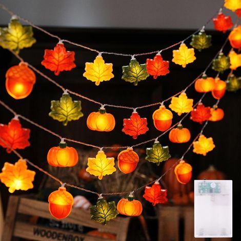 Guirlande décorative automne 3 m – 20 LED en forme de citrouilles, érable et pommes de pin, éclairage à piles avec minuterie (1/5)