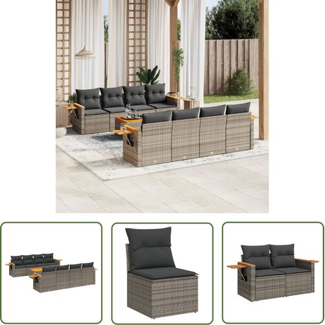 The Living Store Salon de jardin 9 pcs avec coussins gris résine tressée - Ensemble Salon De Jardin - Meuble Extérieur - Jardin Design - Mobilier De Jardin - Chaise Longue (1/5)