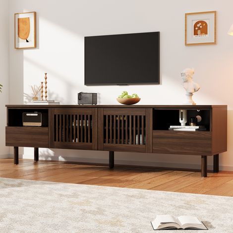 MODFU – Mueble TV 180x40x51 cm de MDF con 2 puertas de rejilla, 2 cajones, nichos abiertos, pasacables y patas de madera para salón – Nogal (1/5)