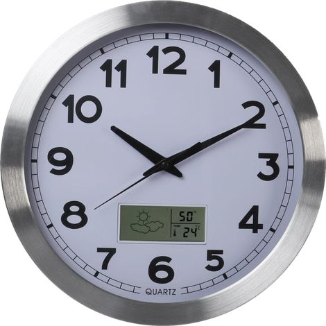 Perel Reloj de Pared, Redondo, analógico, 35 cm, Pantalla LCD con termómetro, higrómetro y disposiciones meteorológicas, Aluminio, Plata (1/5)