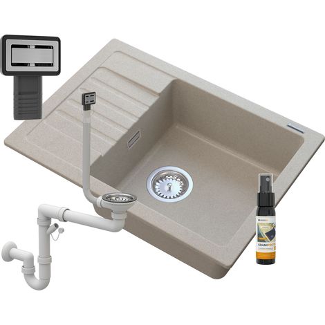 ÉVIER ARGOS GRANIT BEIGE + SIPHON CARRÉ CHROMÉ (1/5)
