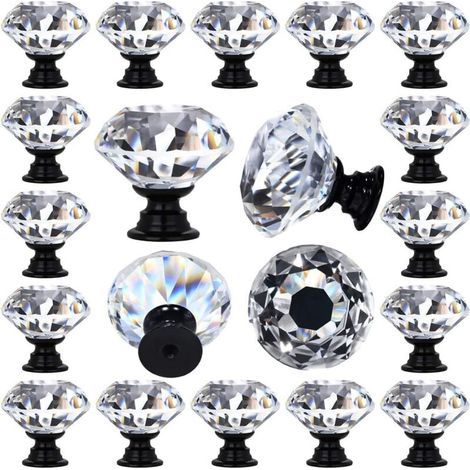Lot de 12 poignées de tiroir en verre cristal transparent en forme de losange décoratif pour cuisine, commode, 30 mm (1-1/4"), base de couleur noire (1/4)