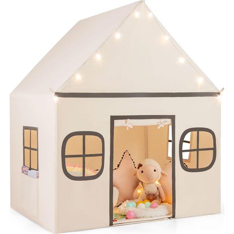 COSTWAY Tenda da Gioco per Bambini, con Tenda Porta e Finestre, Luci a Stella, Tappetino Antiscivolo, Casetta per Bambini e Bambine 3-10 Anni, 120 x 101 x 143 cm (Beige) (1/5)
