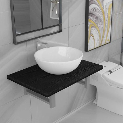 Ensemble meuble salle de bain 2 pièces, lavabo rond en céramique blanc, étagère murale noire - PANGIVO (1/5)