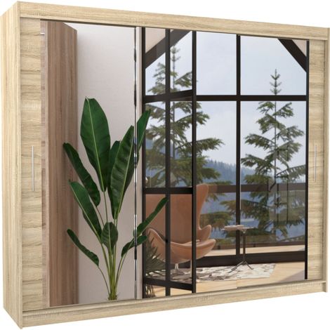 Les Tendances – Armoire de chambre 3 portes coulissantes bois clair – Largeur 250 cm – Miroir et étagères réglables – Fabrication européenne (1/5)