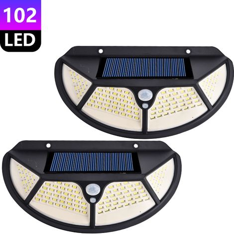Lot de 2 lampes murales solaires 102LED détection mouvement infrarouge IP65 éclairage 4 faces jardin extérieur clôture (1/5)
