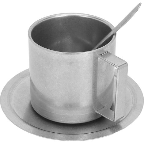 Doppelwandiger, isolierter Kaffeebecher aus Edelstahl 304 mit Untertasse und Löffel, 280 ml, für Zuhause, Camping oder Büro. (1/5)