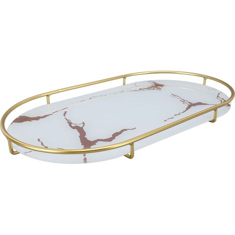 Bathroom Storage Tray Light Luxury Decorative Golden Texture Oval Bathroom Organiser Tray for Soap Towel Paper Napkins Jewellery Makeup White Base
