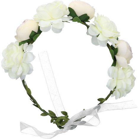 Couronne de fleurs artificielles ajustable pour femme, bandeau floral blanc, serre-tête avec guirlande de fleurs. (1/5)