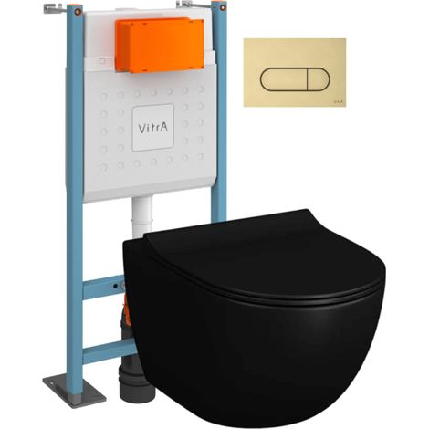 Pack de inodoro suspendido Vitra Sento negro + Estructura independiente V-Fix Core + Placa redonda dorada cepillada (1/4)