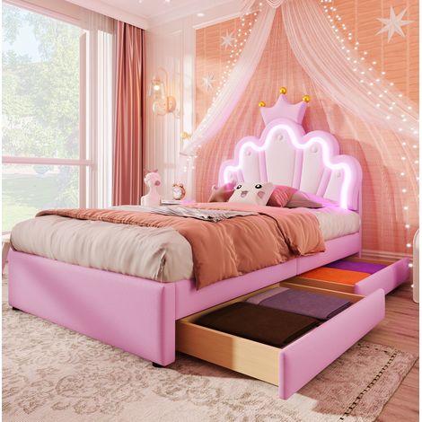 Cama infantil tapizada 90/200 cm rosa de PU con cabecero regulable, LED y 2 cajones (1/5)