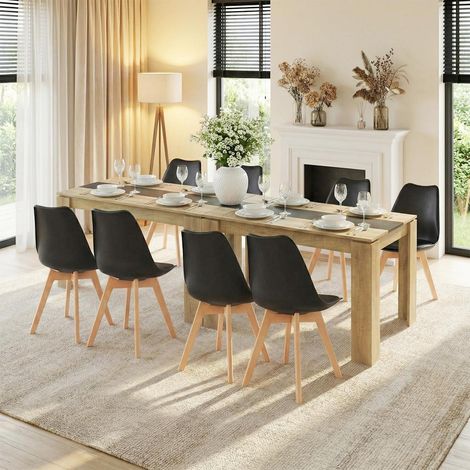 Essgruppe 8 Personen: Rechteckiger Holztisch 220cm mit 8 schwarzen Stühlen (1/5)