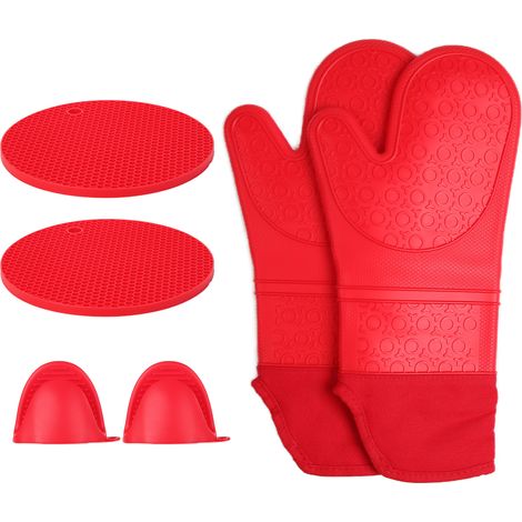 Gants isolants en silicone épais, anti-brûlures, pour barbecue, four à micro-ondes et cuisine (rouge). (1/5)