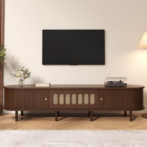 Meuble tv 180 x 40 x 40 cm noyer foncé avec portes coulissantes, design rotin, meuble bas pour salon (1/5)