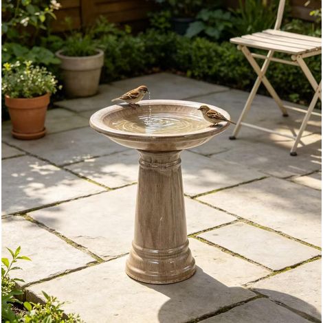 Bañera para pájaros de cerámica Ø 31,5 x H 38 cm, beige antiguo, resistente a heladas DESVIAE