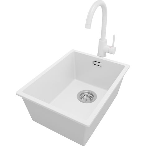 PRIMAGRAN Evier Sous Plan 36x47cm, Evier en Granit 1 bac + Robinet 32x20cm + Kit de Vidage, Évier au meuble 40cm - London, Blanc (1/5)
