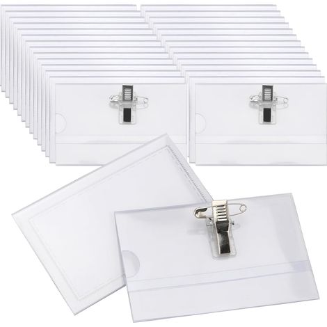 Lot de 100 badges nominatifs en plastique transparent de 9 x 5,6 cm avec pince crocodile et épingle de sûreté, porte-cartes horizontaux pour bureaux, événements d'entreprise, conférence (1/5)