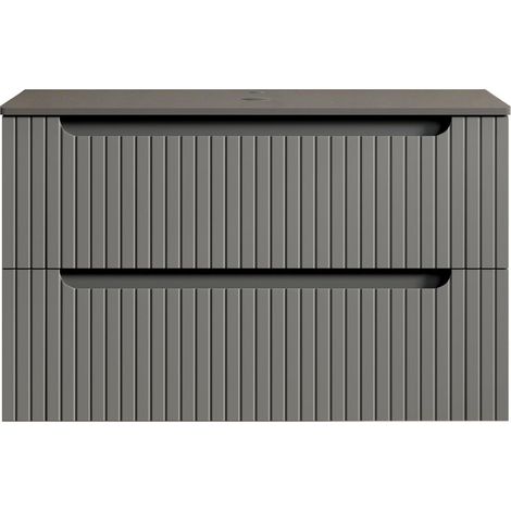 Meuble vasque suspendu de 80 cm, plan de travail en pierre frittée noire, caisson en contreplaqué rayé avec 2 tiroirs, pré-assemblé, sans vasque, gris foncé (1/5)