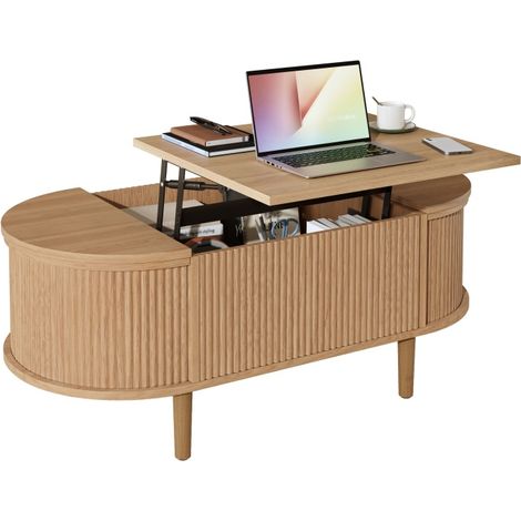 Table basse ovale relevable avec rangement, effet chêne vintage, pieds bois massif (1/5)